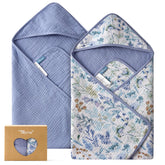 TILLYOU muslin hooded towel blue flower close-up shows ultra-soft fabric