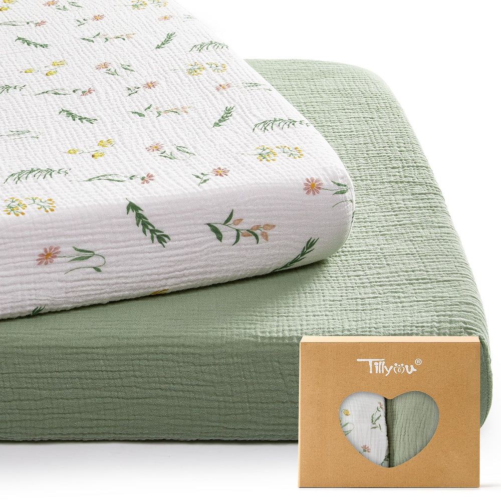 TILLYOU muslin mini crib sheets daisy laid flat for soft, breathable setup