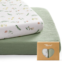 TILLYOU muslin mini crib sheets daisy laid flat for soft, breathable setup