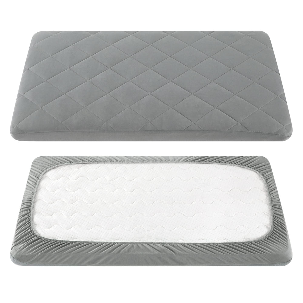 TILLYOU pack-and-play sheet showing soft-quilted cover pad for cozy infant comfort.