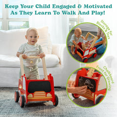 Timberoo fire truck walker side view shows sturdy wooden construction