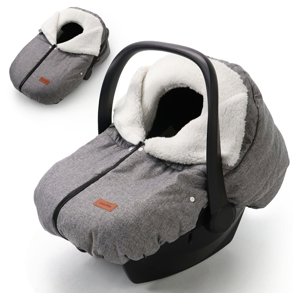 TinlyFinly winter car seat cover front view shows snug fit and weather protection.