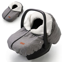 TinlyFinly winter car seat cover front view shows snug fit and weather protection.