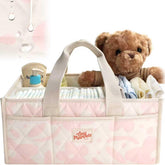 Tiny Marvels diaper caddy water-repellent fabric keeps nursery tidy and easy to wipe clean.