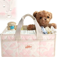 Tiny Marvels diaper caddy water-repellent fabric keeps nursery tidy and easy to wipe clean.