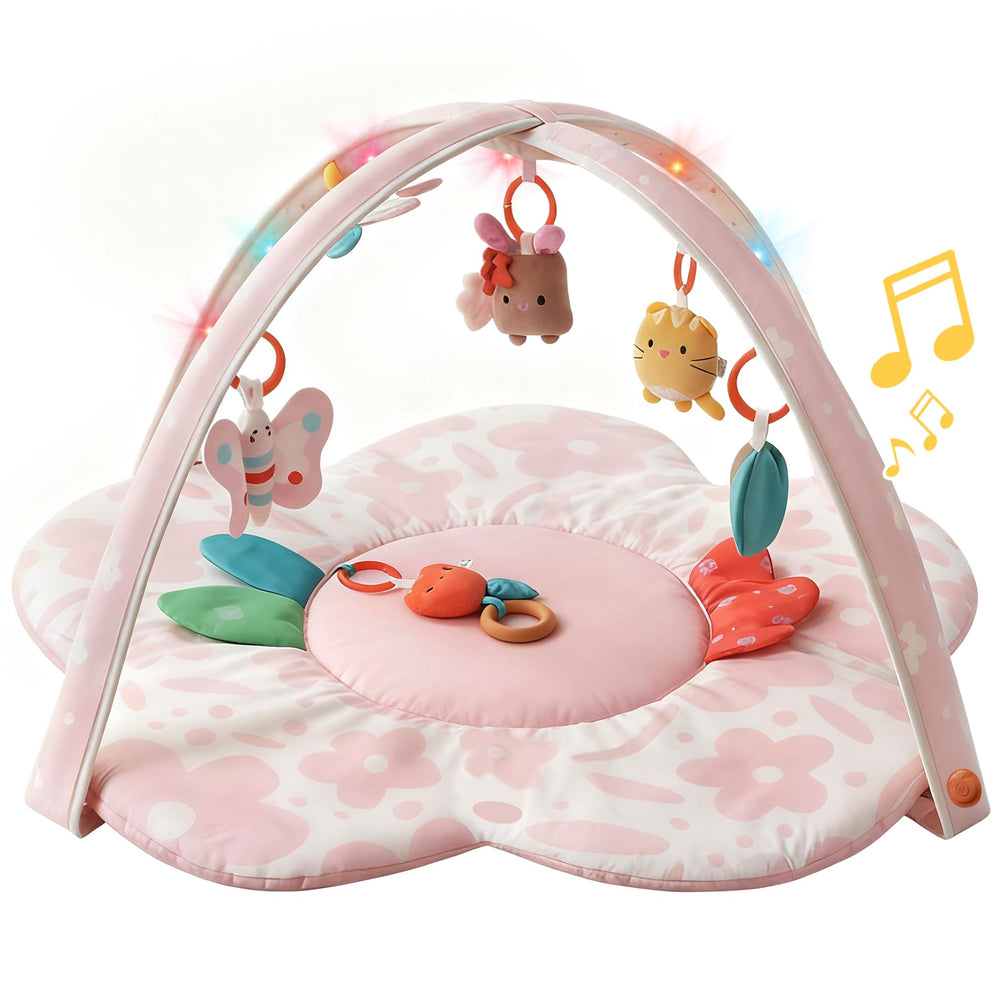 Tiny Marvels light-up arch over baby play gym with gentle music in view helps head tracking