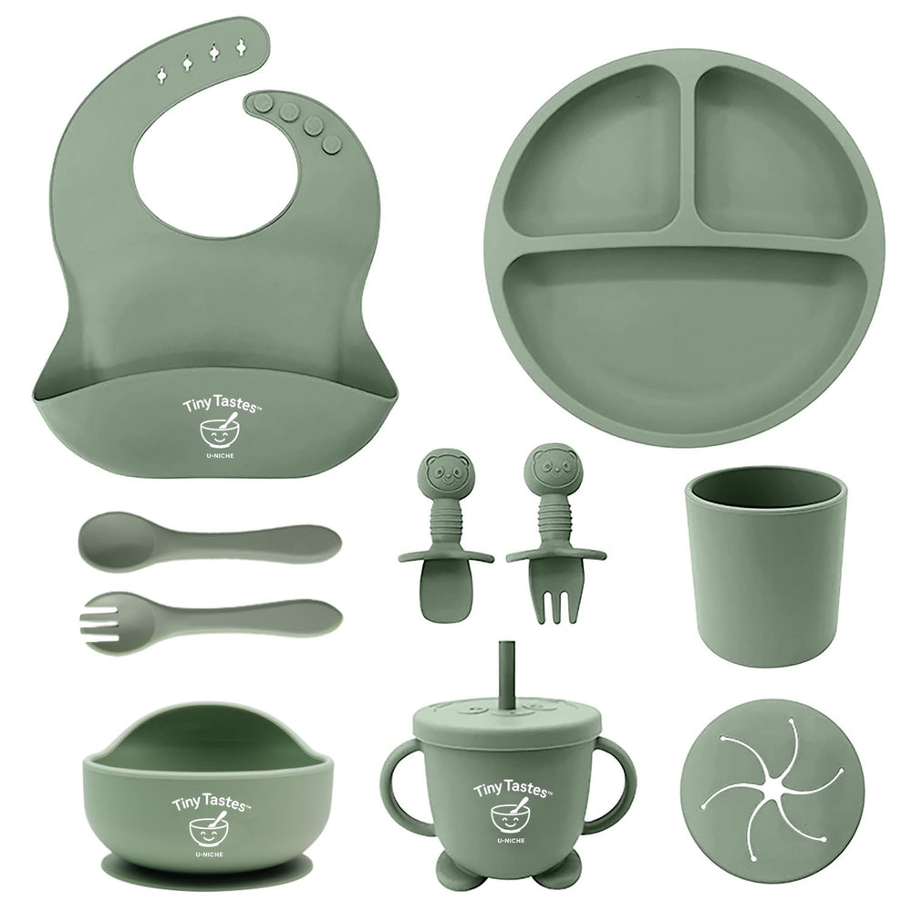 Tiny Tastes suction plate shown with a secure base for spill reduction during family meals.