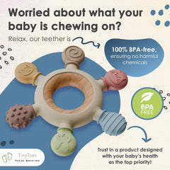 Tiny Toes teether with secure design prevents detaching parts for peace of mind.