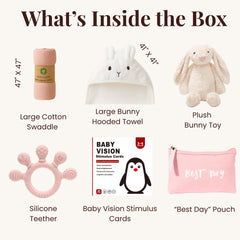 Tiny Treasures newborn gift basket plush bunny adds cuddly comfort for snuggle moments.