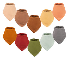 Tiny Twinkle bandana bib packshot shows a 10-pack neutral set for everyday messes.