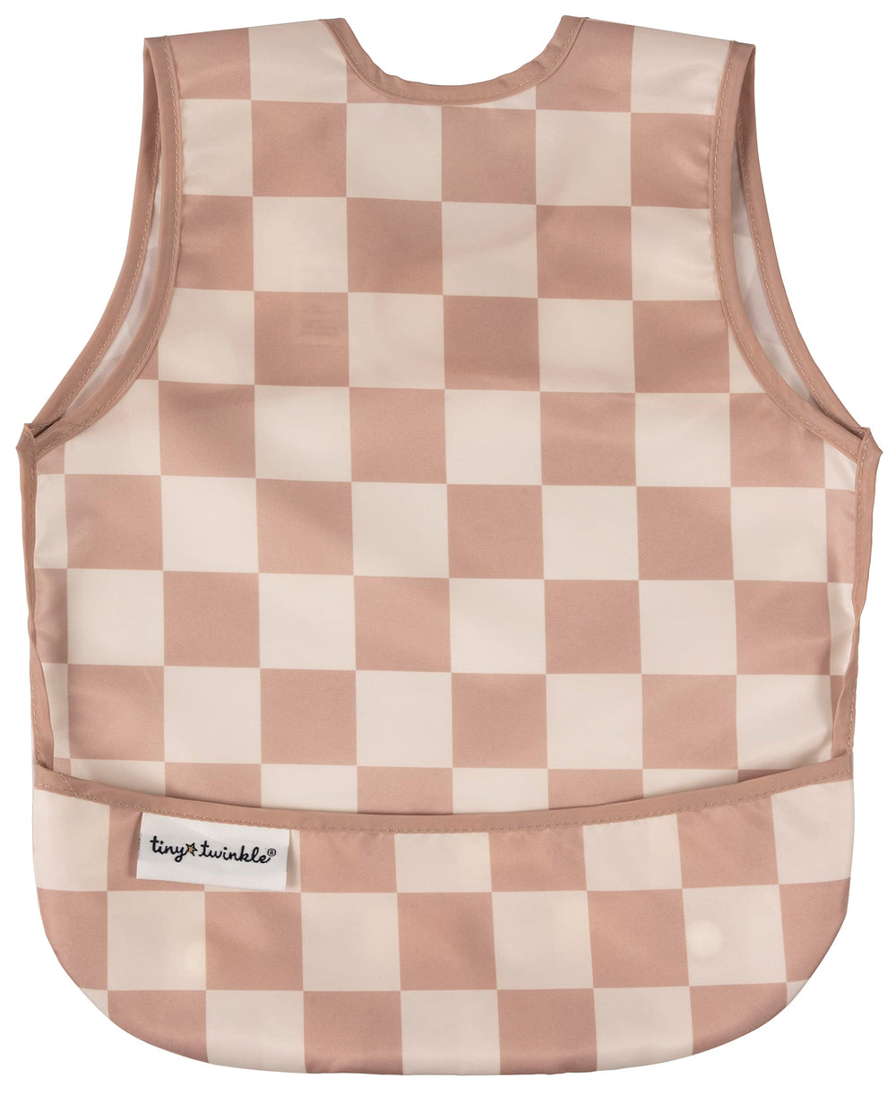 Tiny Twinkle mess-proof bib brown checkers closeup showing quick-clean surface for busy mealtimes.