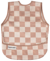 Tiny Twinkle mess-proof bib brown checkers closeup showing quick-clean surface for busy mealtimes.