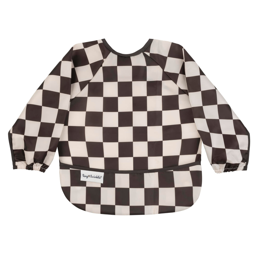 Tiny Twinkle long sleeve bib Checkers Black front view shows full-coverage protection during meals