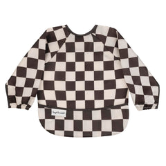 Tiny Twinkle long sleeve bib Checkers Black front view shows full-coverage protection during meals