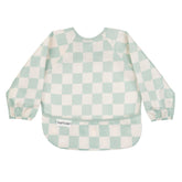 Tiny Twinkle long sleeve bib Checkers Sage front view shows full-coverage protection during meals