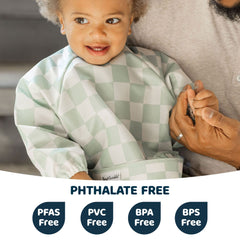 Tiny Twinkle long sleeve bib Checkers Sage side profile highlighting flexible fit