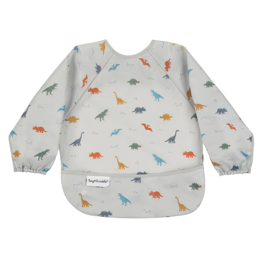Tiny Twinkle long-sleeve bib with dinosaur print protects outfits during mealtime mess