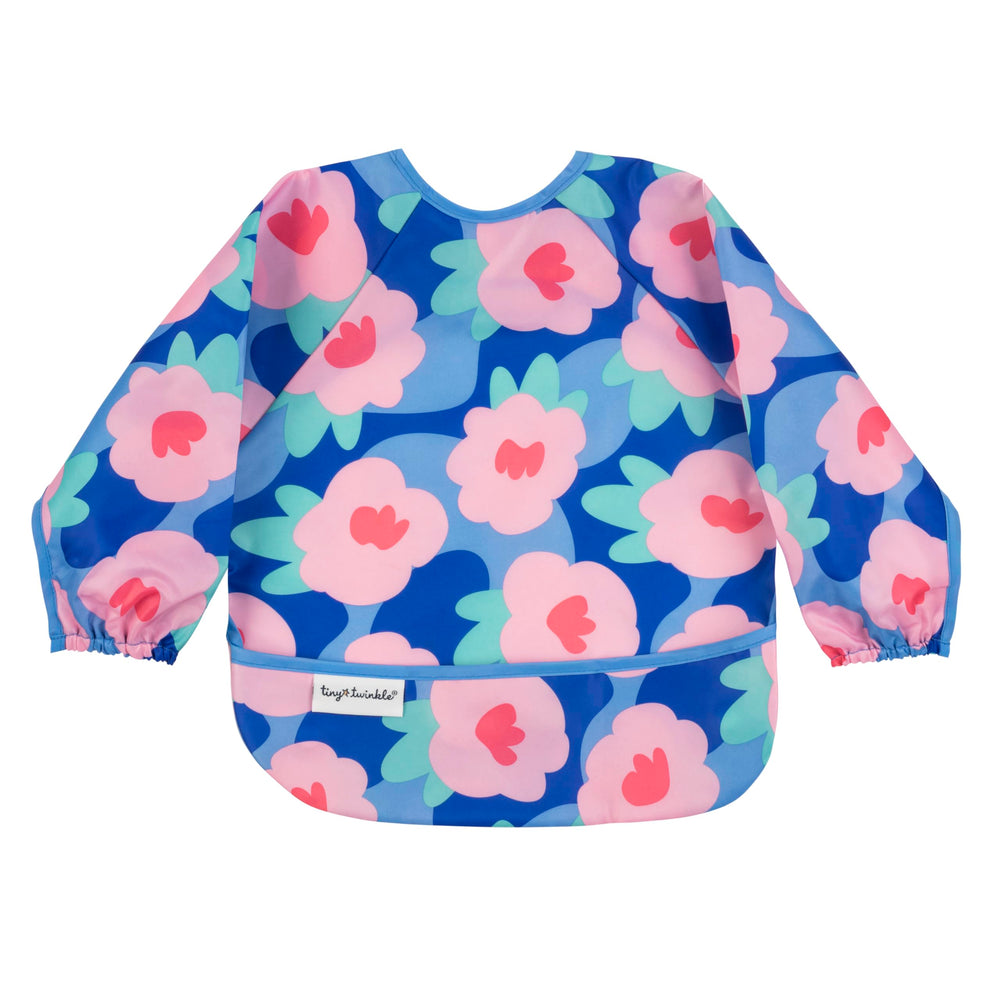 Tiny Twinkle long sleeve bib with floral blue wear keeps messes contained during meals