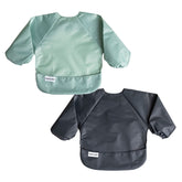 Tiny Twinkle long sleeve bib sage charcoal front view showing full-coverage mess protection.