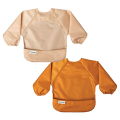 Tiny Twinkle long-sleeve bib sand cinnamon front view shows full-coverage mess protection during meals.