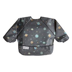 Tiny Twinkle long sleeve bib waterproof fabric closeup shows mess-proof surface for easy cleanup