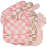 Tiny Twinkle mess-proof bib with checkers girl design front view keeps outfits clean.