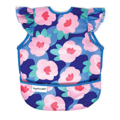 Tiny Twinkle mess-proof bib floral blue on toddler during meal for spill protection