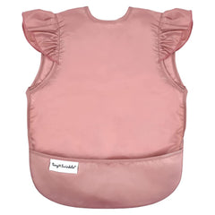 Tiny Twinkle mess-proof bib taupe on child during feeding to prevent spills