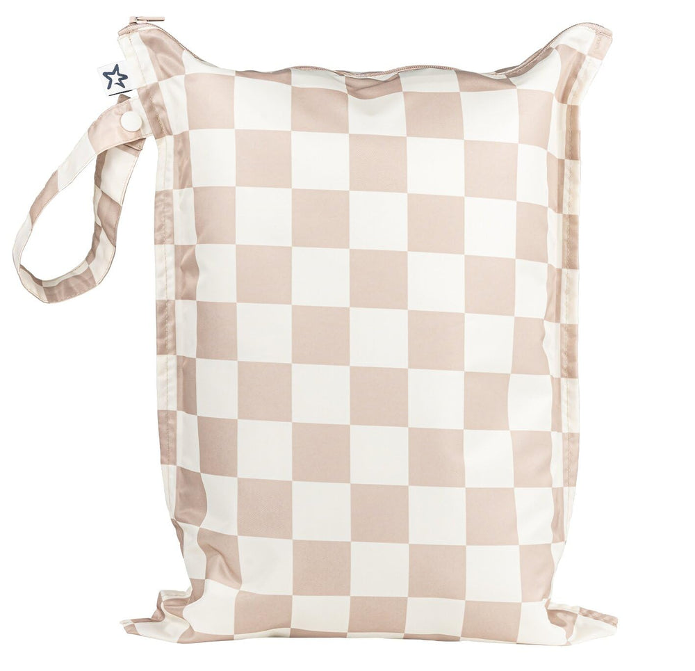 Tiny Twinkle Mess-Proof Wet Bag front view in beige checkers showing portable design