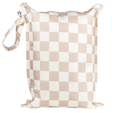 Tiny Twinkle Mess-Proof Wet Bag front view in beige checkers showing portable design