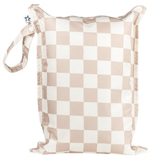 Tiny Twinkle Mess-Proof Wet Bag front view in beige checkers showing portable design
