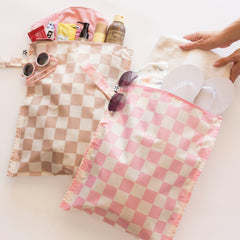 Tiny Twinkle Mess-Proof Wet Bag pink-brown-checkers open for swimsuits and damp items