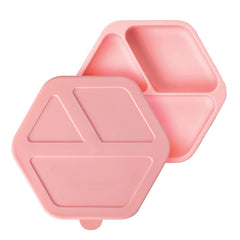 Tiny Twinkle rose silicone plate with suction base for mess-free feeding on flat surfaces.