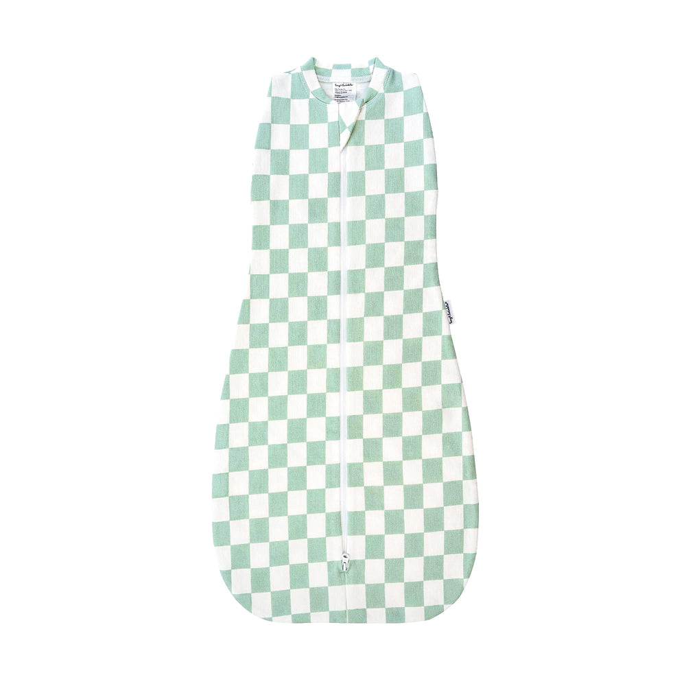 Tiny Twinkle sleep sack sage checkers close-up showing secure swaddle transition.