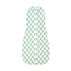 Tiny Twinkle sleep sack sage checkers close-up showing secure swaddle transition.