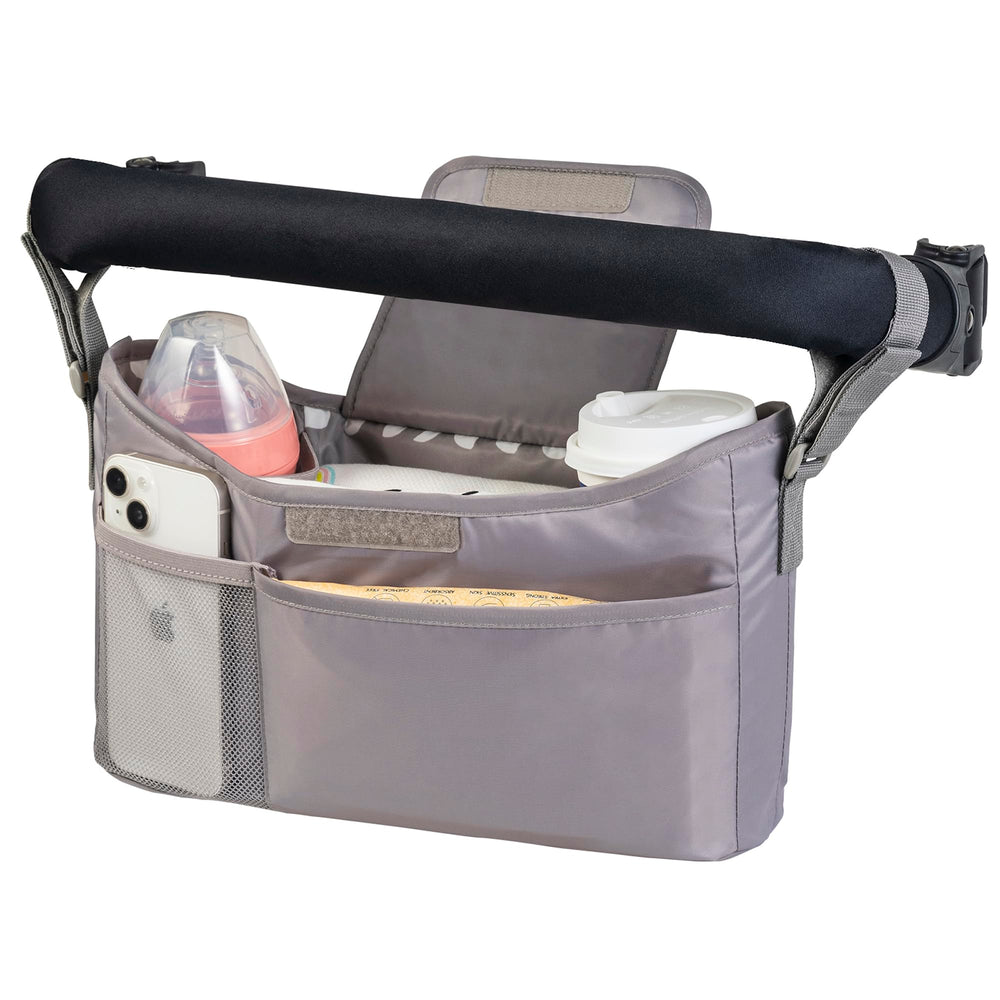 Tiny Twinkle universal stroller organizer side view with adjustable straps for secure attachment.