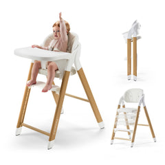 Tinyiota high chair wood color front view shows sturdy growth-ready design for feeding.