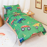 TinyPalsa green truck comforter detail shows durable stitching for everyday toddler beds.