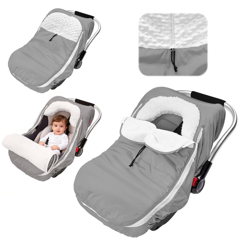 TinyPalsa winter car seat cover in grey with plush lining for warm, comfortable rides