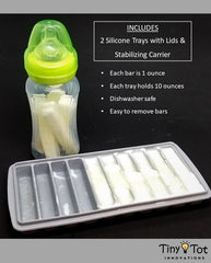 Tiny Tot Innovations freezer tray with carrier demonstrates flat, portable storage for freezer transport.