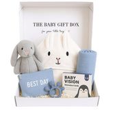 Tiny Treasures newborn gift box front view, ready-to-gift presentation.