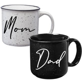 Tipit Drinkware Mom Dad Campfire Mug Set front view, cozy morning ritual for new parents.