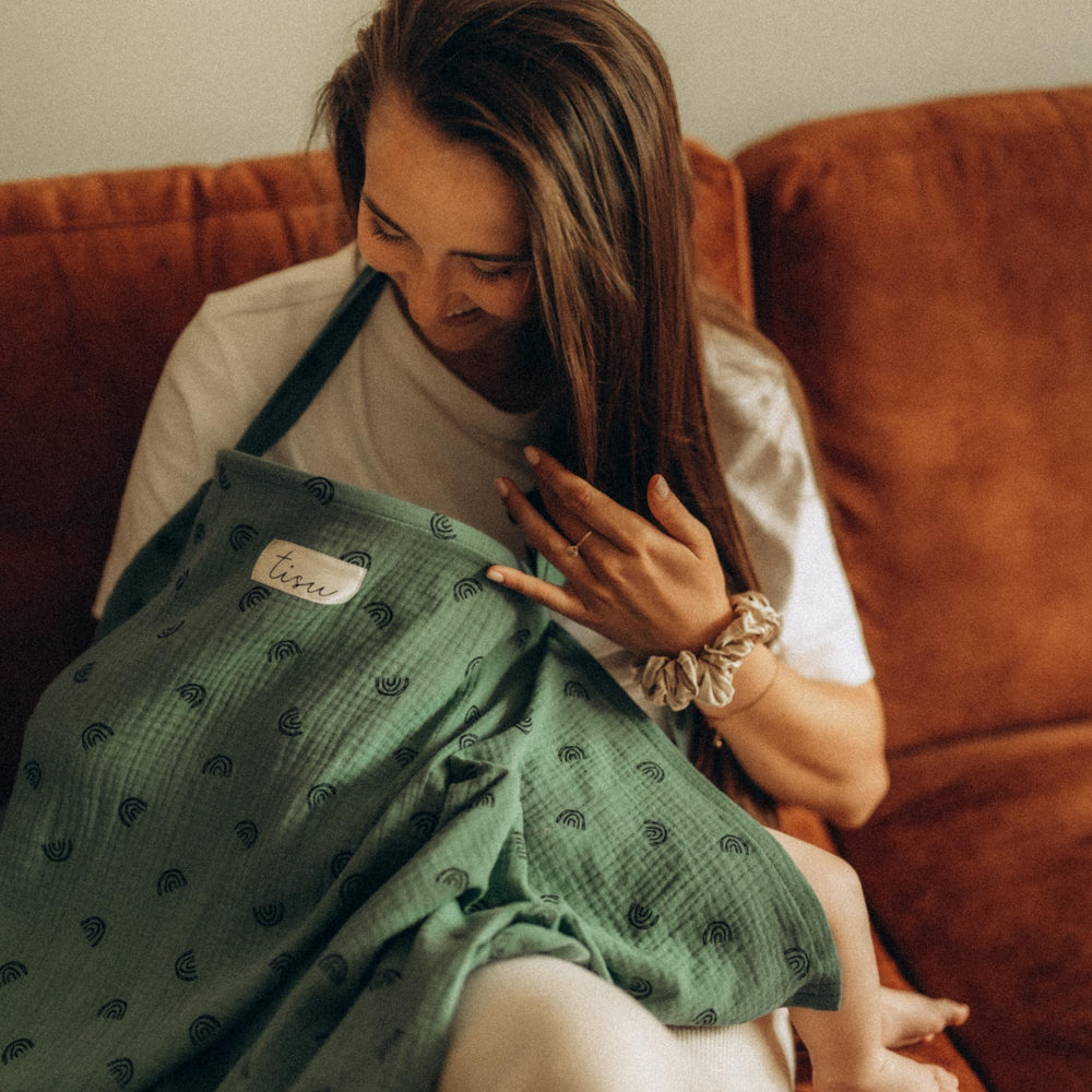 TISU nursing cover dusty green rainbow front view for discreet feeding on the go