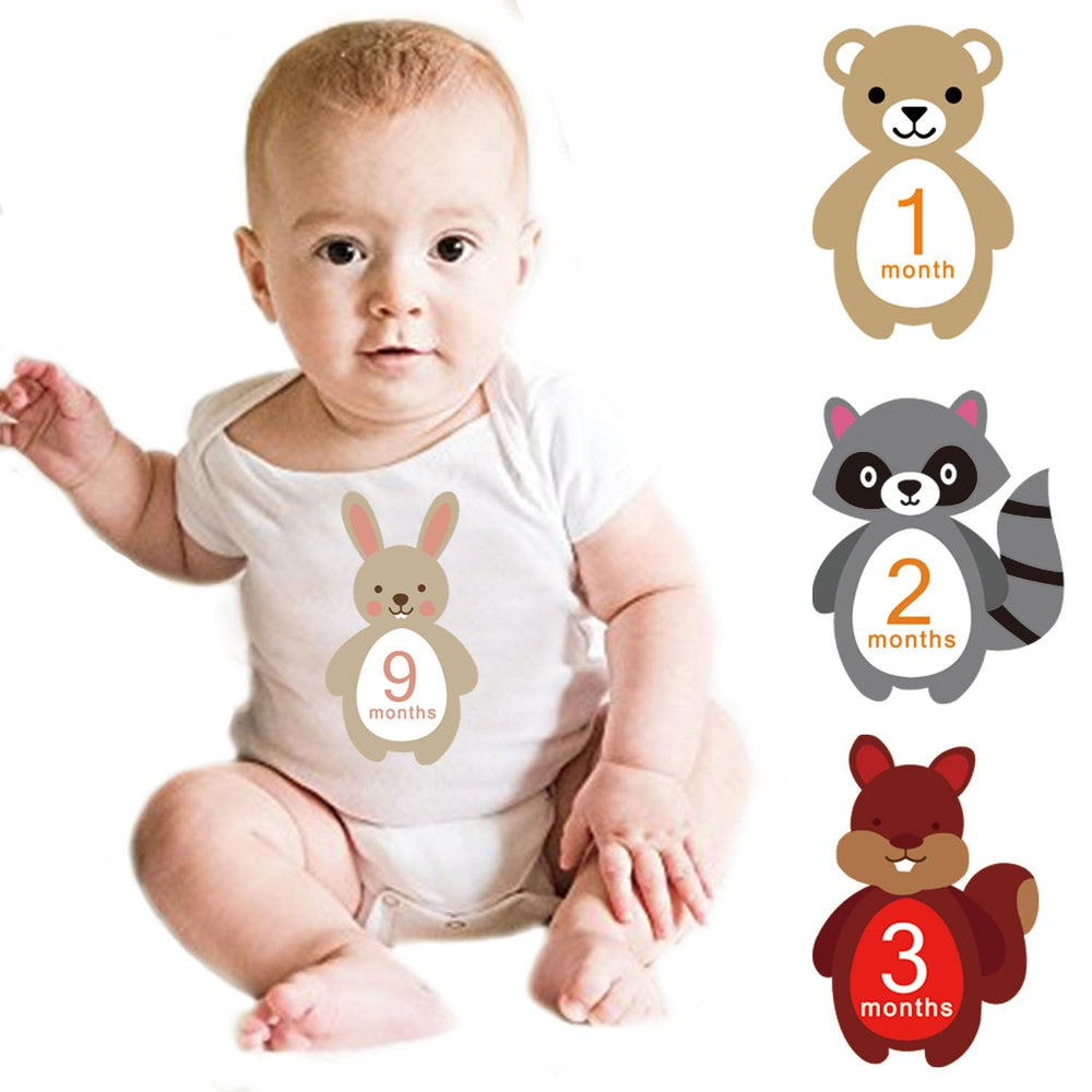 Tnfeeon 12pcs baby sticker monthly animal design on clothing for milestone memories.