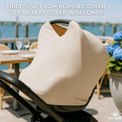 Toci Mom versatile scarf shown as stroller shade and car-seat cover.