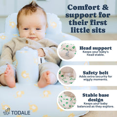 Todale inflatable baby seat highlighting spine and head support for upright sitting.