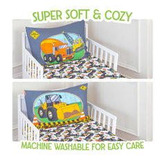 Todays Kids Under Construction blue bedding excavator and truck print adds playful bedtime visuals.