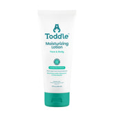 Toddle probiotic moisturizing lotion face closeup demonstrates gentle, hydrating care for sensitive skin.