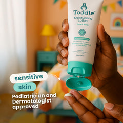 Toddle probiotic moisturizing lotion vitamin E and shea butter highlight nourishing skin barrier support.