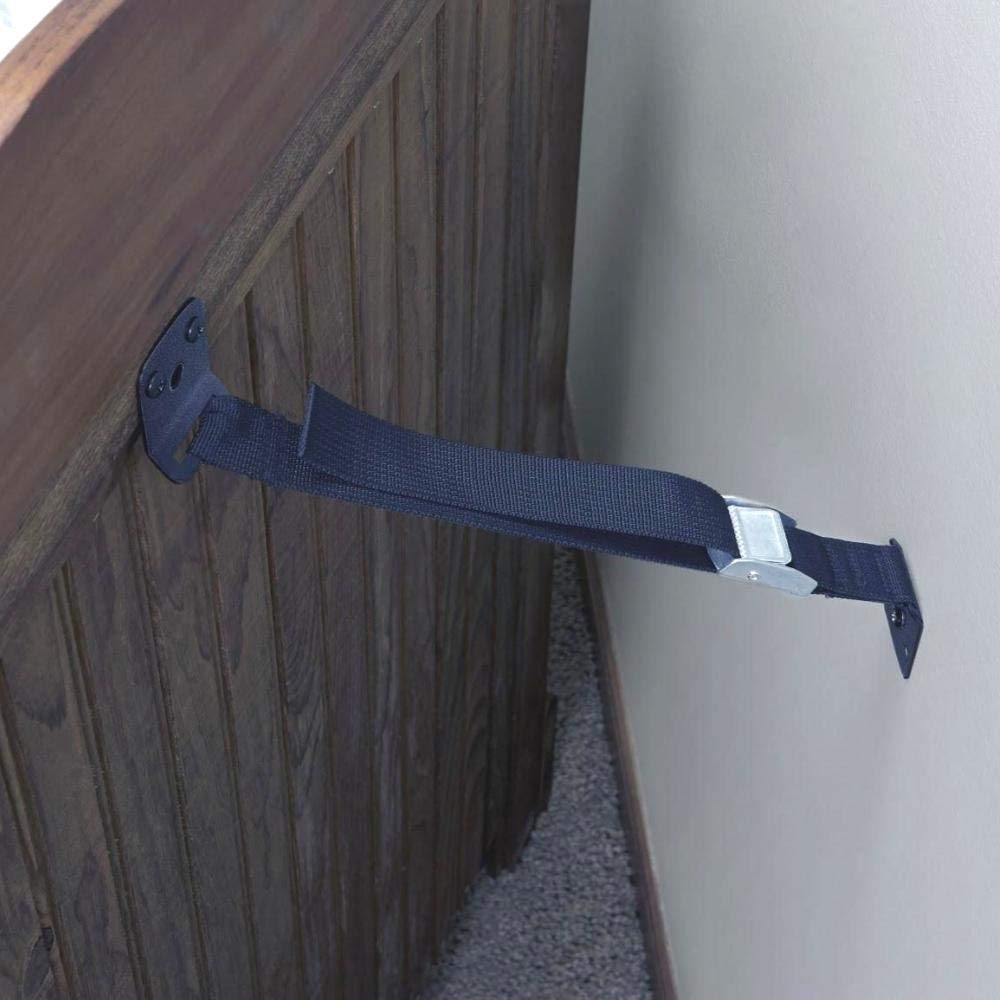 Toddleroo by North States black anti-tip strap close-up with sturdy metal buckle